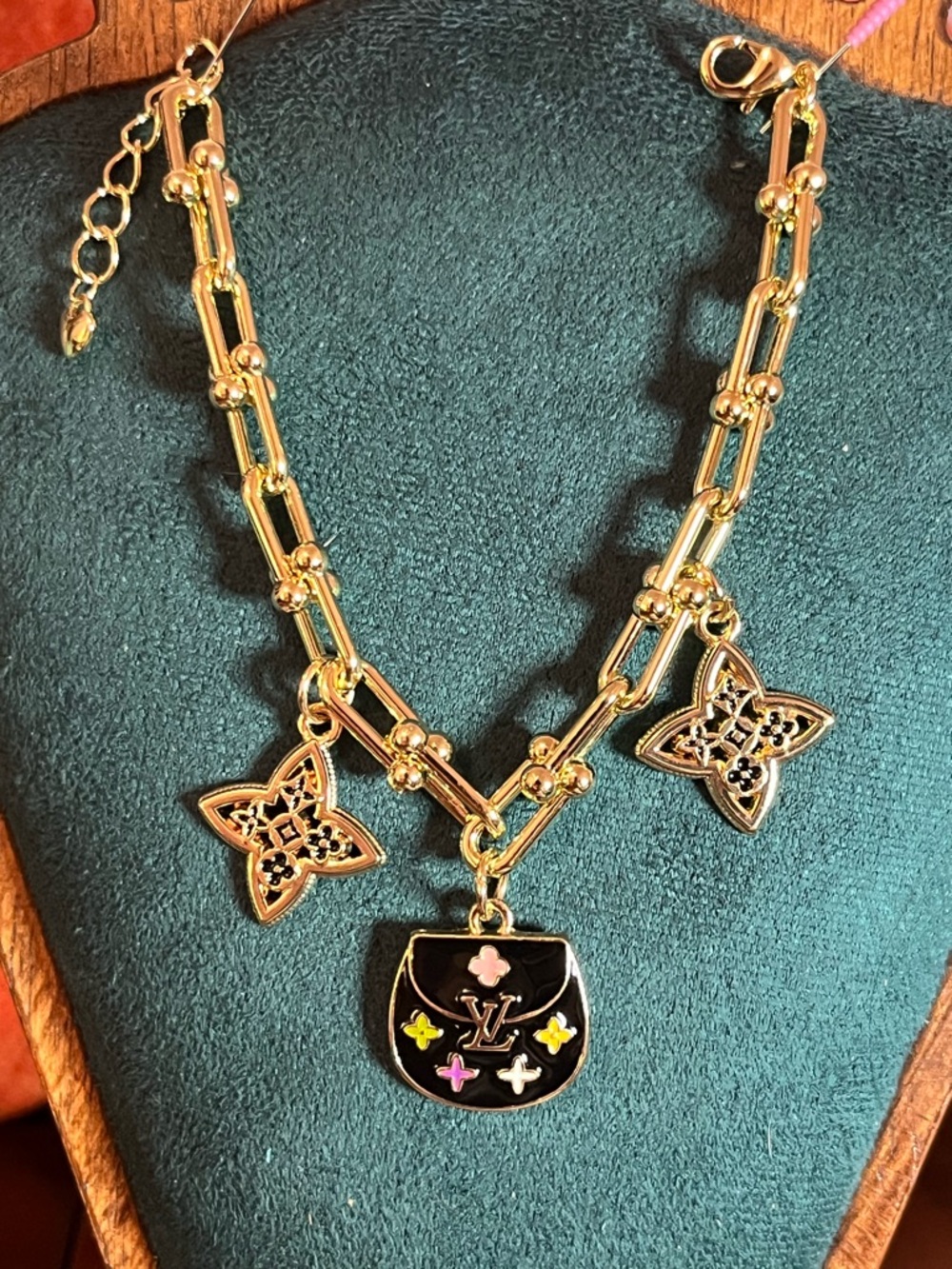 LV-Inspired Gold Hardware Link Bracelet w/Black Multicolor Enamel Charms 6-8”